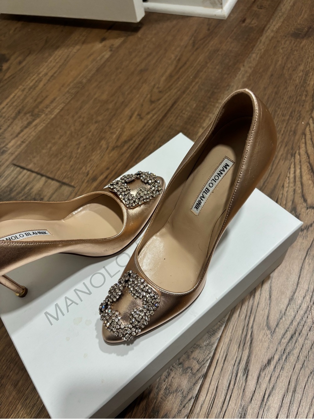 Manolo Blahnik Rose Gold Crystal-Buckle Hangisi Pumps
